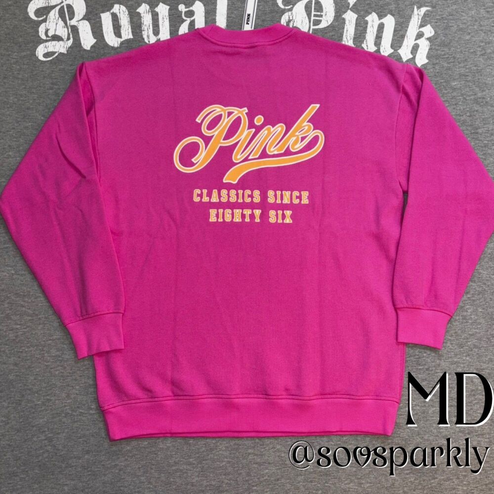 NWT New VS PINK Pink Classics Since 86 Logo Ivy Fleece Crewneck Sweatshirt MD